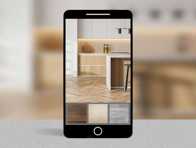 Roomvo product visualizer app on smartphone from A Touch Of Magic Flooring in Emerald Isle, NC